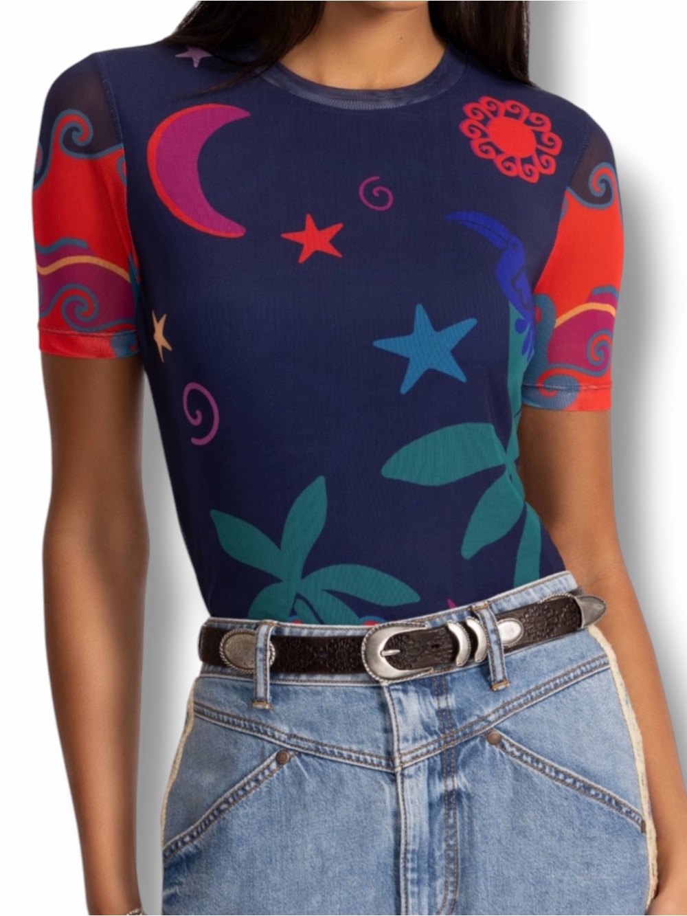 Johnny Was Paloma’s Island Eleanor Short Sleeve Mesh Tee Top Size Medium